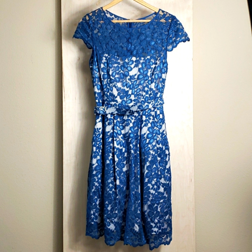 Belted lacy blue dress, size 6